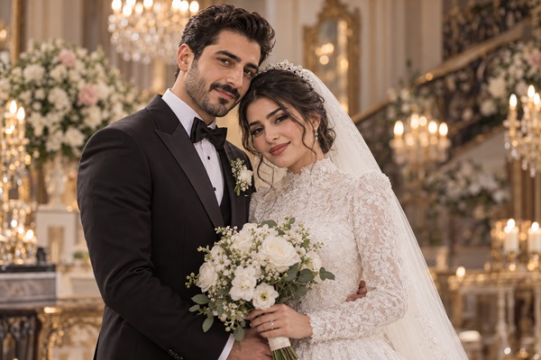 عکاسی پرتره و ژست‌دار عروس و داماد در فضای داخلی